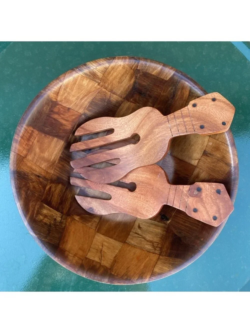 Wood Parquet Salad Fruit Bowl Wood Hand Salad Servers MCM
